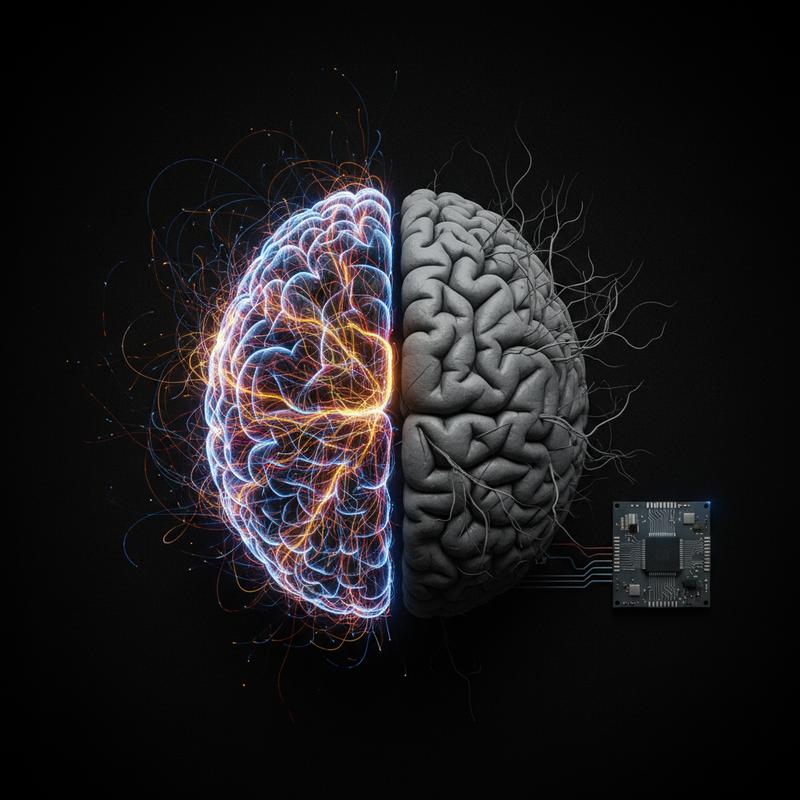 A split brain — one half active and glowing with neural connections, the other dim and atrophied from AI over-reliance