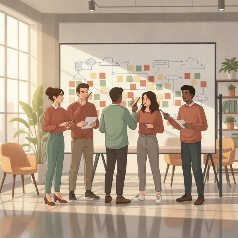 Five engineers collaborate around a whiteboard covered in sticky notes and sketches