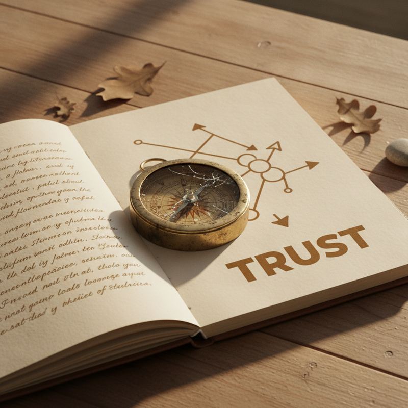 A single compass resting on an open notebook, warm morning light