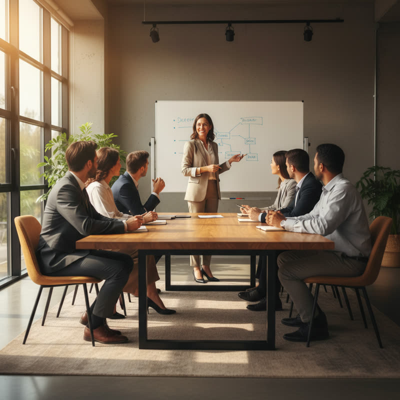 A confident leader presenting clearly to an engaged, interested team