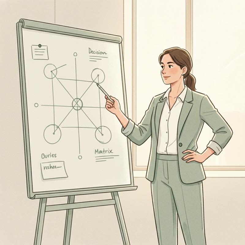A confident business leader working through a decision matrix independently at a whiteboard