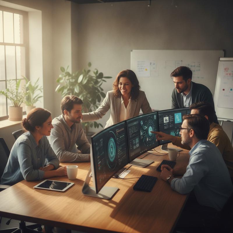 A team leader sitting alongside employees, all leaning in together to work with AI tools, genuinely engaged and curious