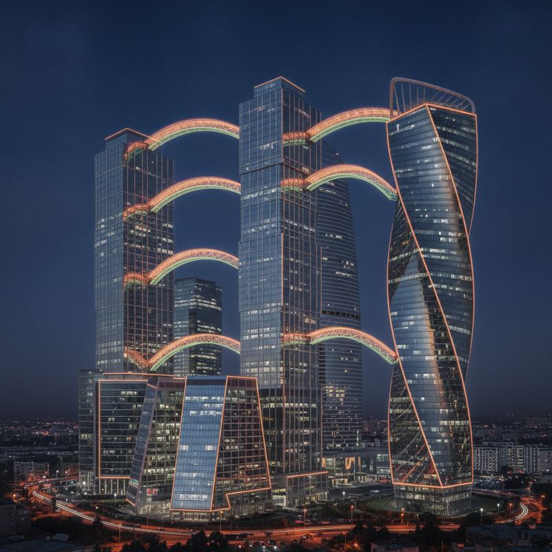 Modern office towers connected by glowing bridges of light at night
