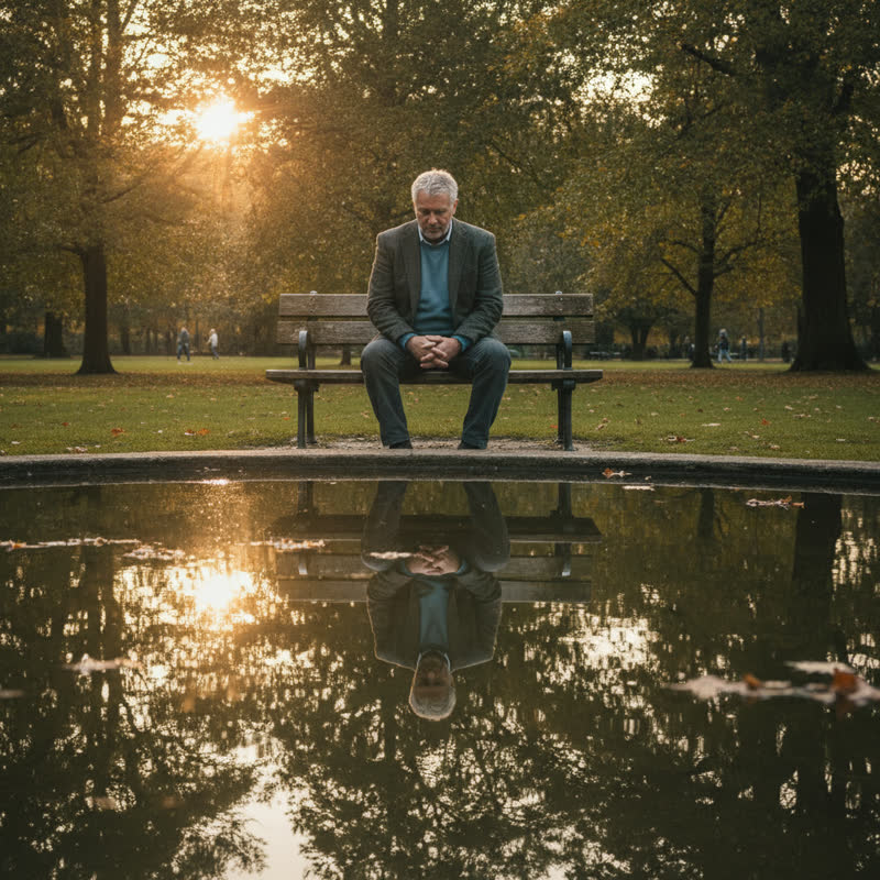 A man sitting on a park bench, looking at his reflection in a still pond