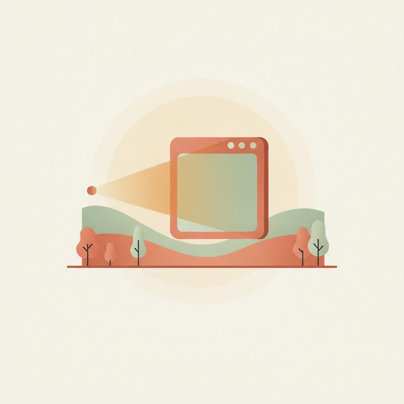 A minimalist illustration of continuous quiet monitoring, a scanning beam sweeping across a small building shaped like a website