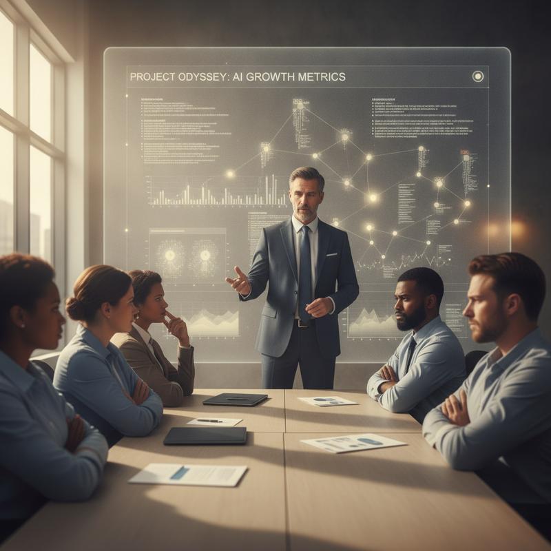 A corporate leader confidently presents AI data on a screen while employees look uncertain and skeptical