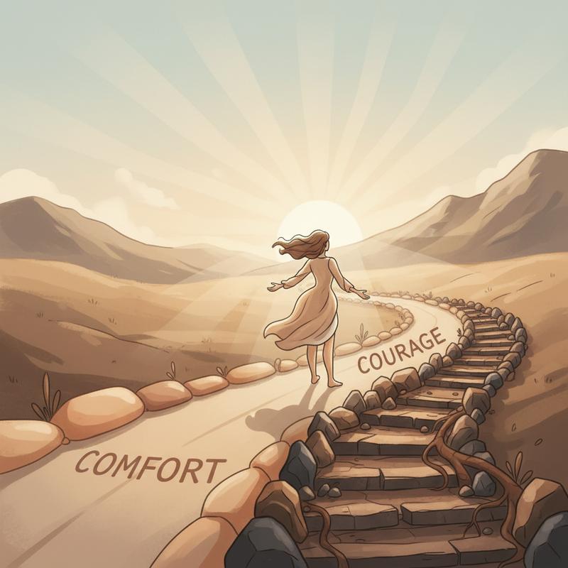 A person at a crossroads choosing the courage path over the comfort path, with a bright horizon ahead