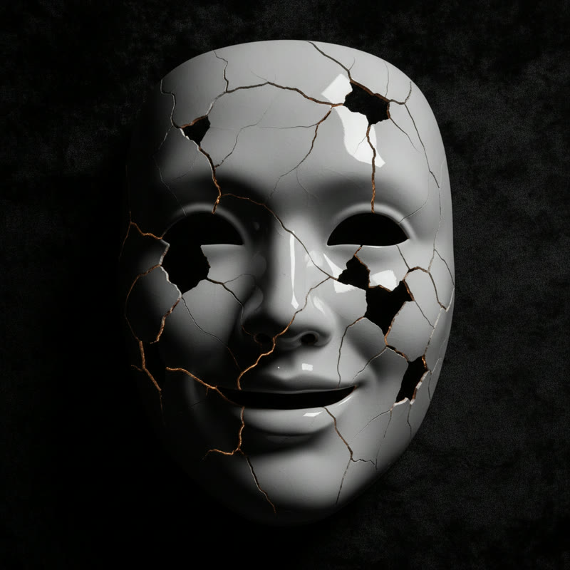 A cracked porcelain mask, composed on the outside but fractured and breaking apart to reveal darkness within