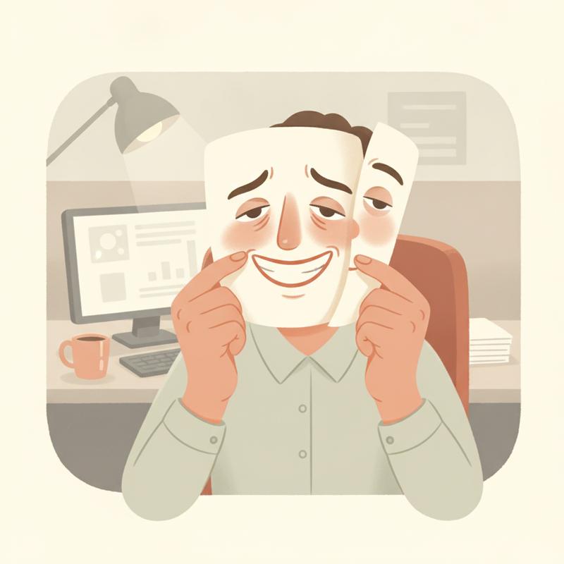 An office worker at a desk holds a smiling paper mask in front of a tired, strained face