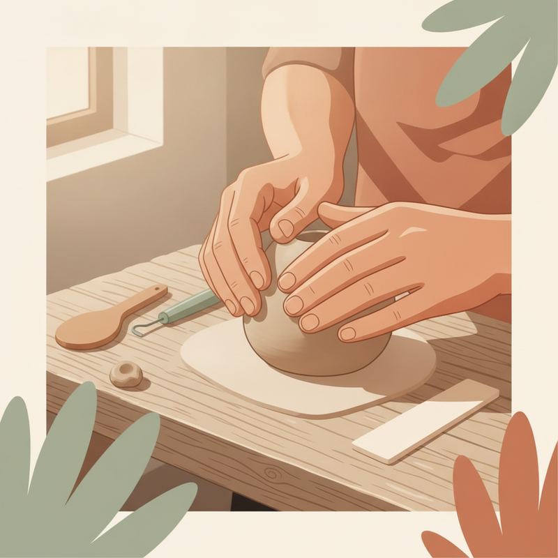 Warm illustration of a craftsperson's hands carefully shaping clay on a workbench