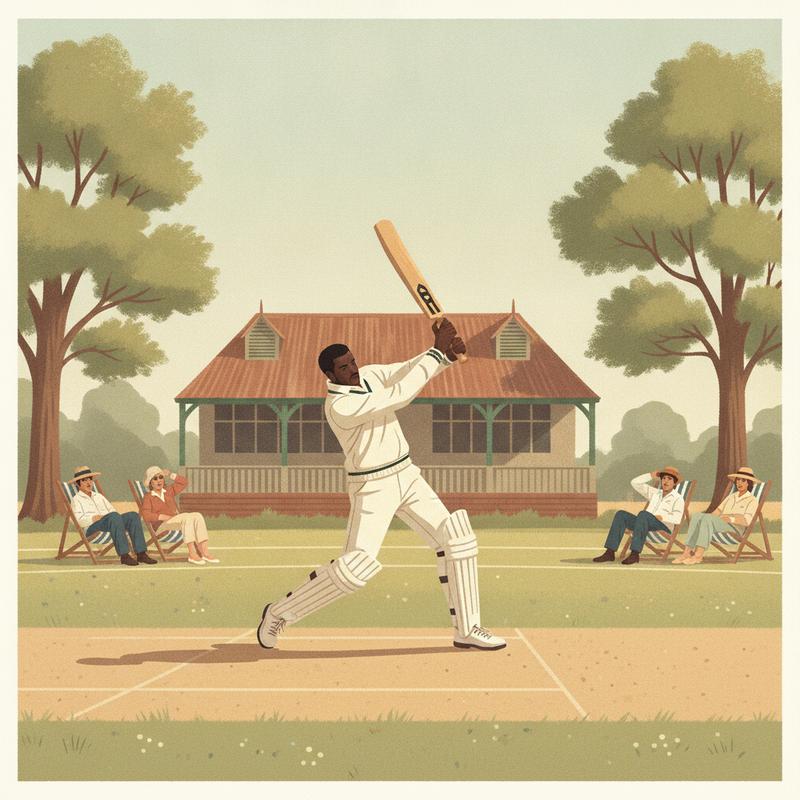 Illustration of a cricketer in classic whites playing an attacking shot on a sunny county ground, with an old wooden pavilion and spectators in deckchairs behind him