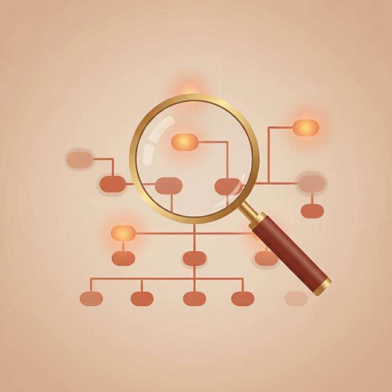 A magnifying glass hovering over a warm, glowing network of connected nodes representing an organizational culture audit