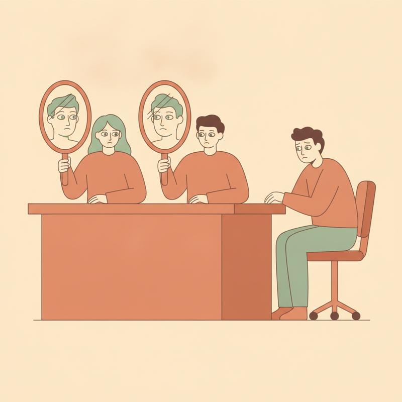 Three interviewers holding mirrors instead of notepads, each mirror reflecting their own face back at the candidate