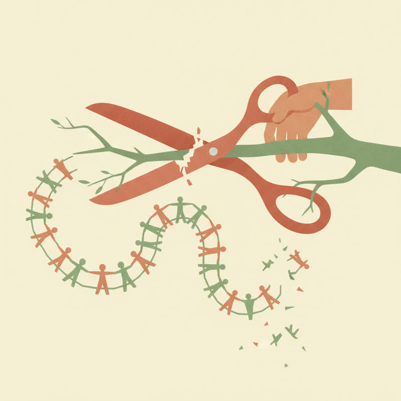Illustration of giant scissors cutting a paper chain of human figures while also severing the branch the hand is holding