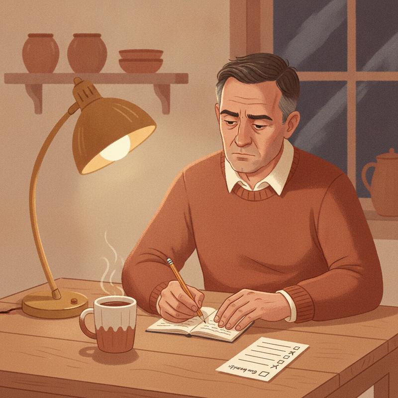 A man writing answers to his daily questions in a notebook at a kitchen table at night, a mug of tea beside him