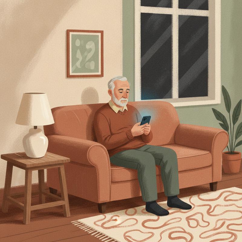 A man in his sixties alone on a sofa at night, his face lit by a phone while the lamp beside him stays off