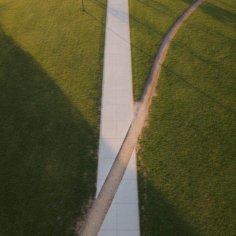 A neat paved path across a park with a worn dirt desire path cutting diagonally across the grass