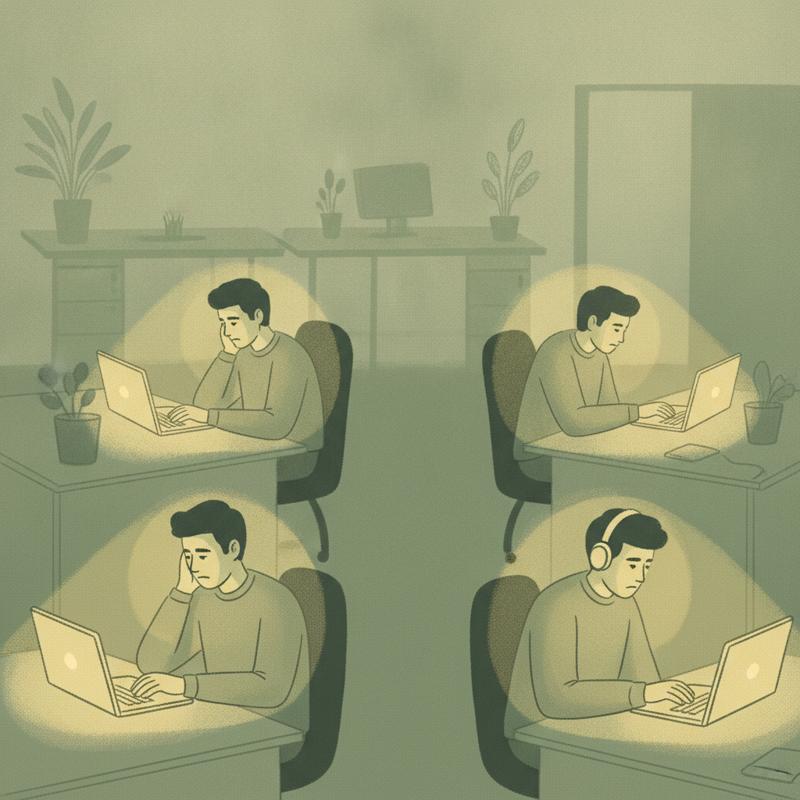 A small engineering team sitting together but each isolated in their own laptop glow, disconnected and quietly disengaged