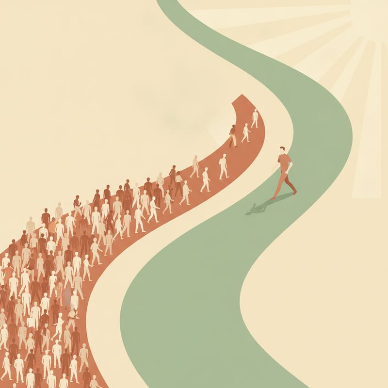 Warm illustration of two diverging paths, one crowded with people and one with a single figure walking alone