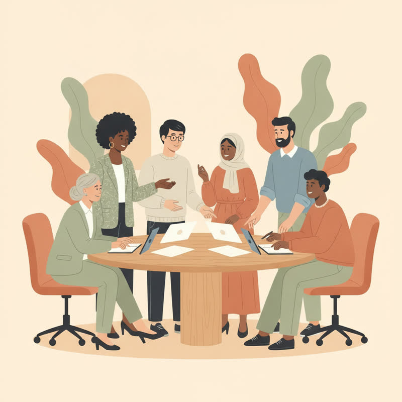 A diverse group of professionals from different backgrounds collaborating around a conference table