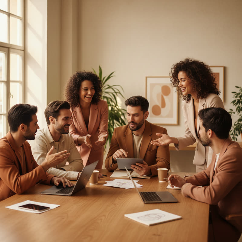 A diverse group of professionals in animated discussion around a meeting table