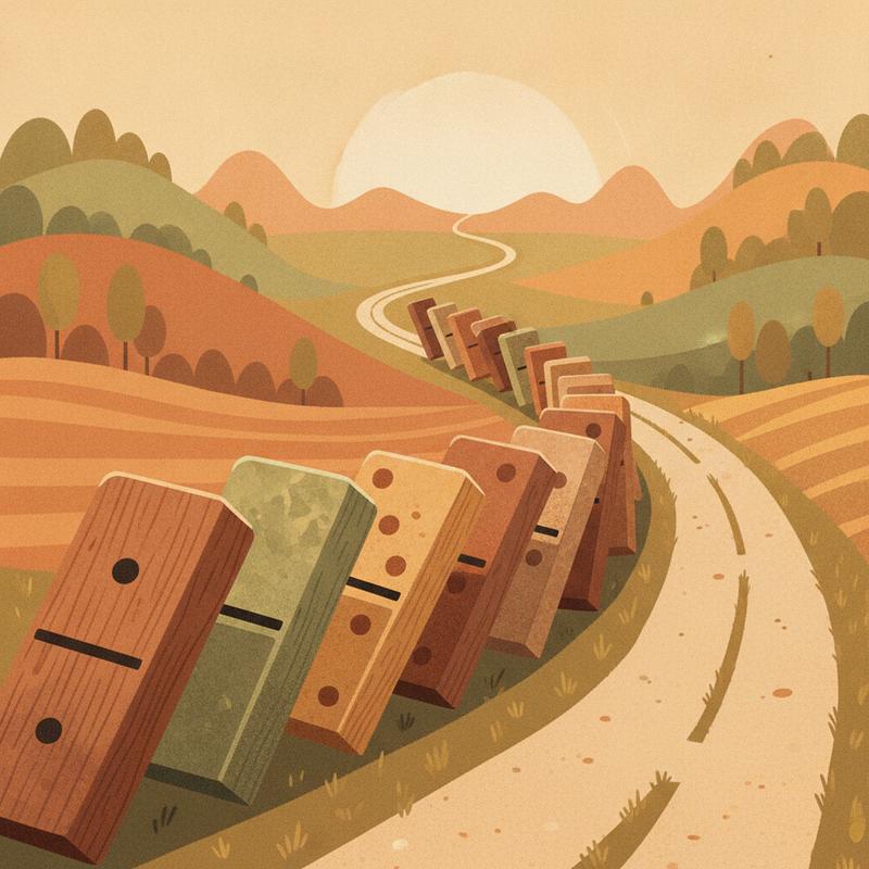 A curving chain of falling dominoes transforming into a winding road through distant hills
