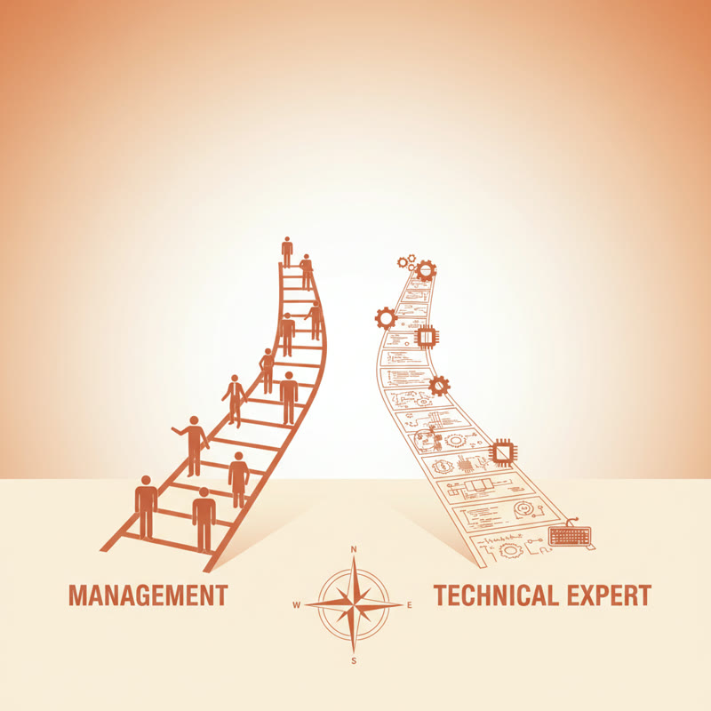 Two parallel career tracks showing a management ladder and a technical expert path diverging from the same starting point