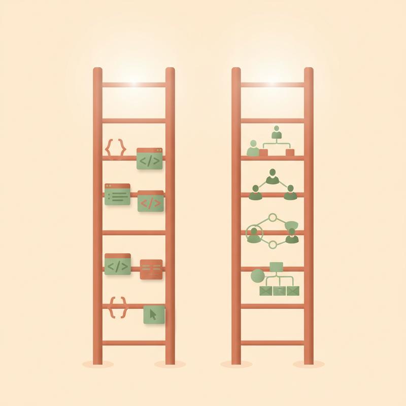 Editorial illustration of two parallel career ladders rising side by side, one built from code brackets, one from people icons
