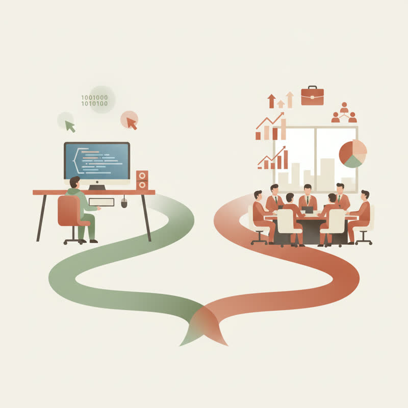 Two diverging career paths: one leading to a coding workstation, one to a corporate meeting room, representing the IC versus management choice