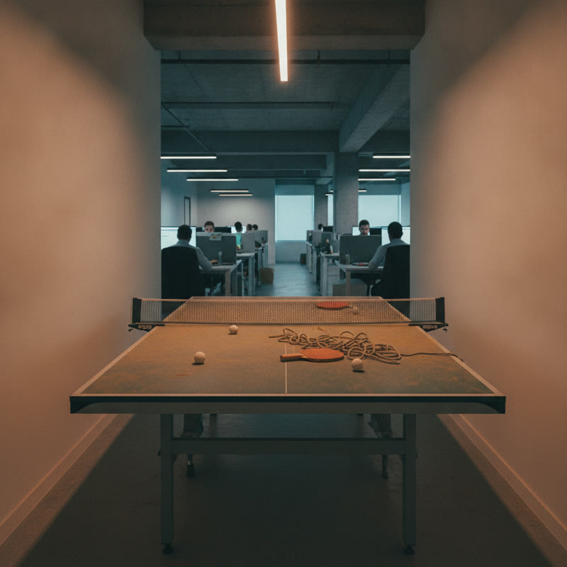 A dusty ping-pong table sits unused in a tech office while employees work silently in the background