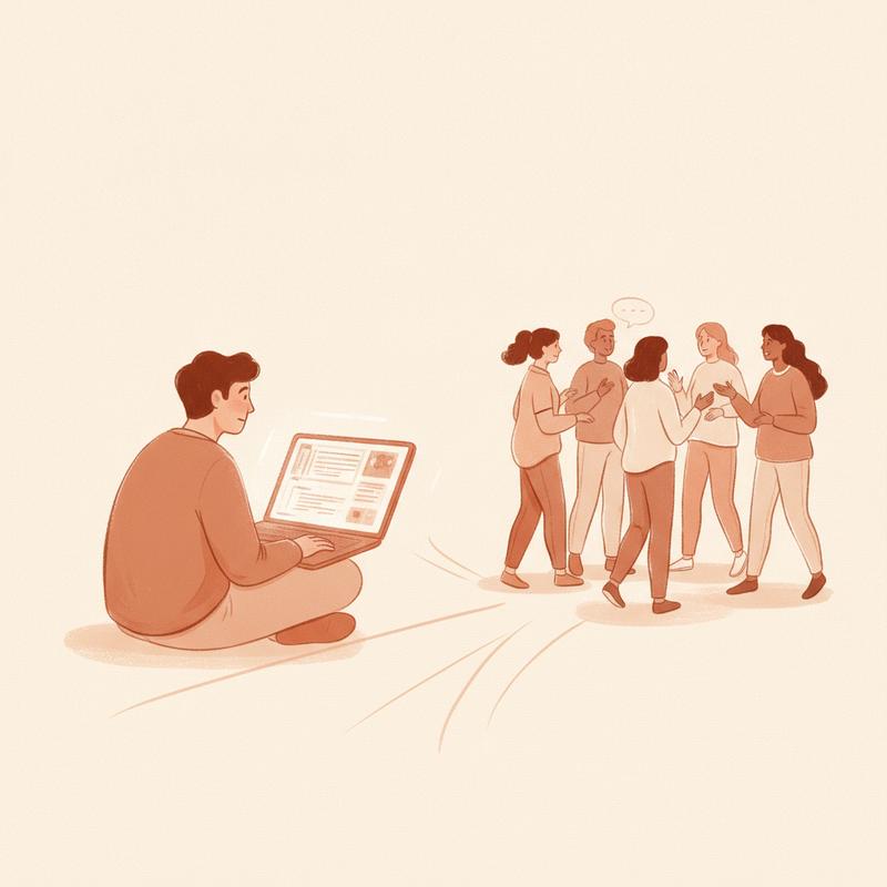 A software engineer hesitantly glancing toward a team in animated conversation