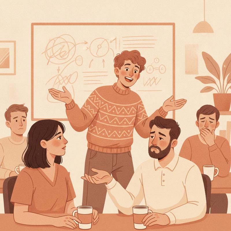 A manager lecturing enthusiastically at a whiteboard while two team members exchange a tired glance