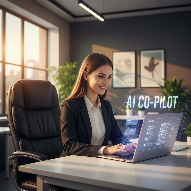An employee smiling confidently while working with an AI assistant, manager's chair empty behind her