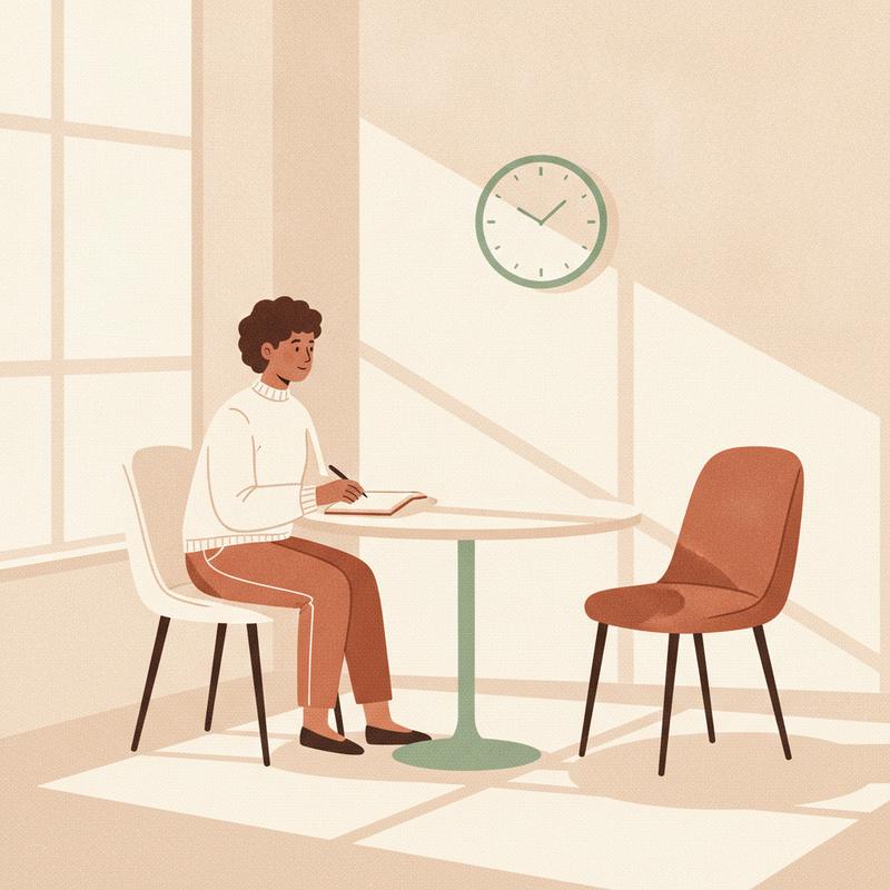 A person sits alone at a small meeting table with an open notebook, facing an empty chair while the wall clock shows the meeting time has passed