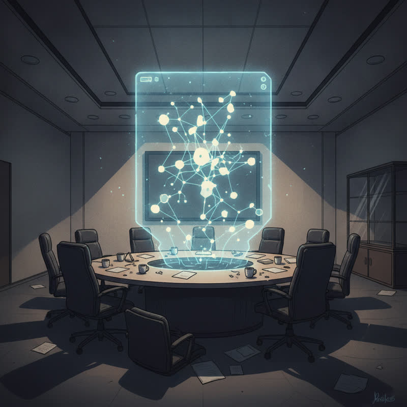 An AI interface glowing in an empty boardroom, chairs pushed back and abandoned