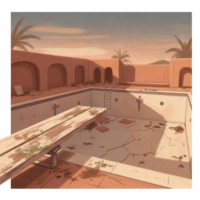 An empty diving board at the edge of a still pool at dusk, nobody standing on it