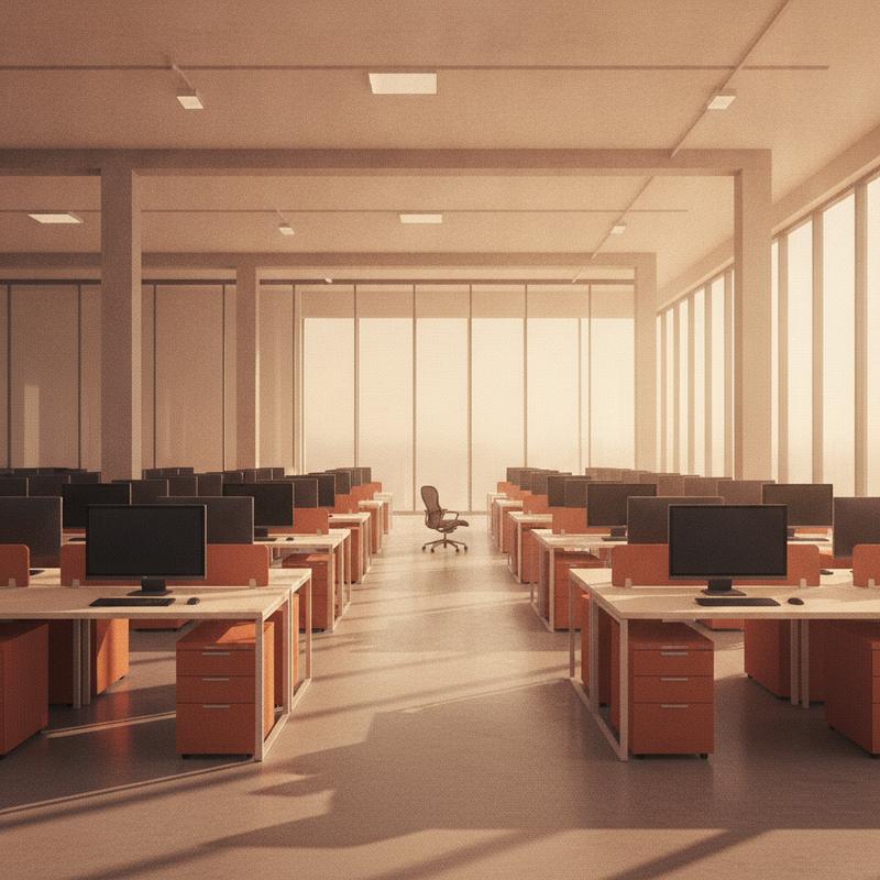 An empty modern office floor at dusk with rows of identical desks and long shadows through the windows