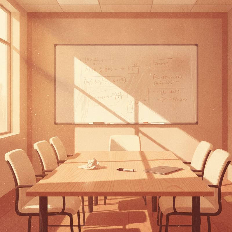 An empty conference room with a whiteboard covered in erased algorithm diagrams and a lone marker left on the table