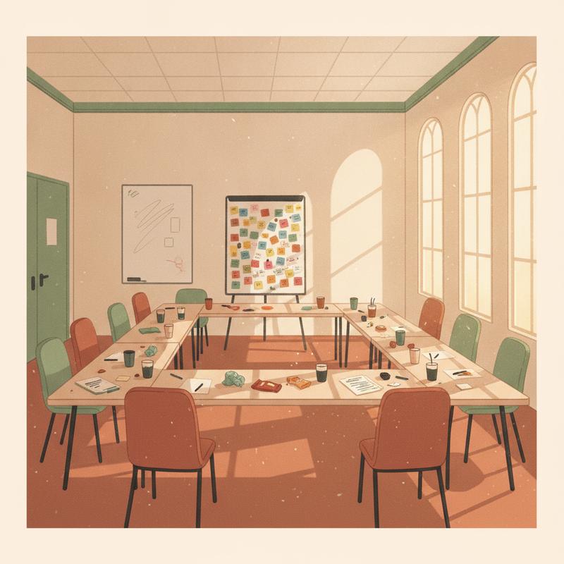 An empty workshop room at the end of the day, chairs pushed back, coffee cups on the tables and a flipchart covered in sticky notes
