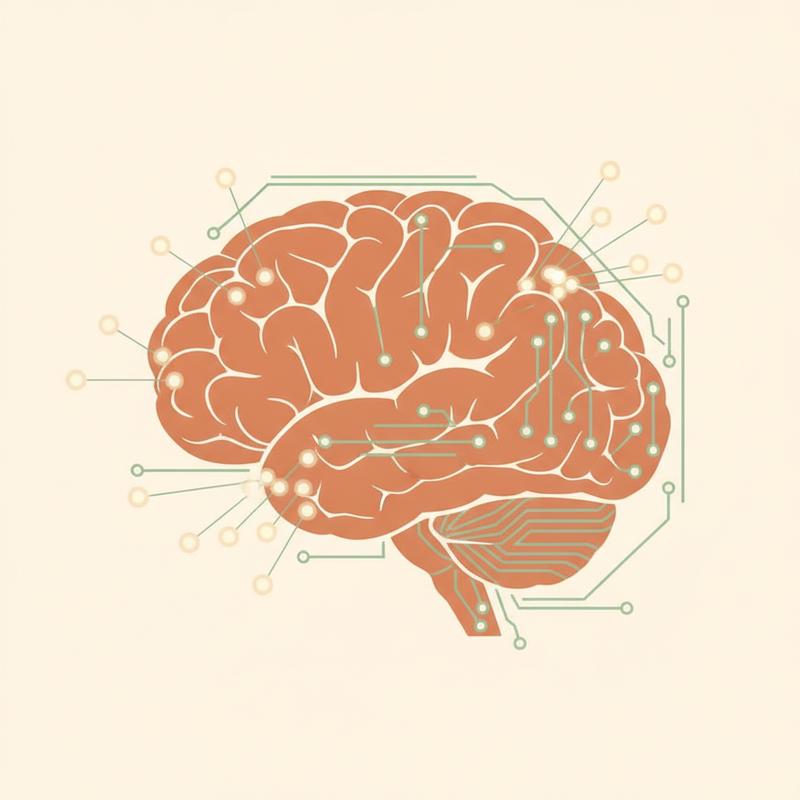 A conceptual illustration of a human brain merging with circuit patterns and neural network nodes