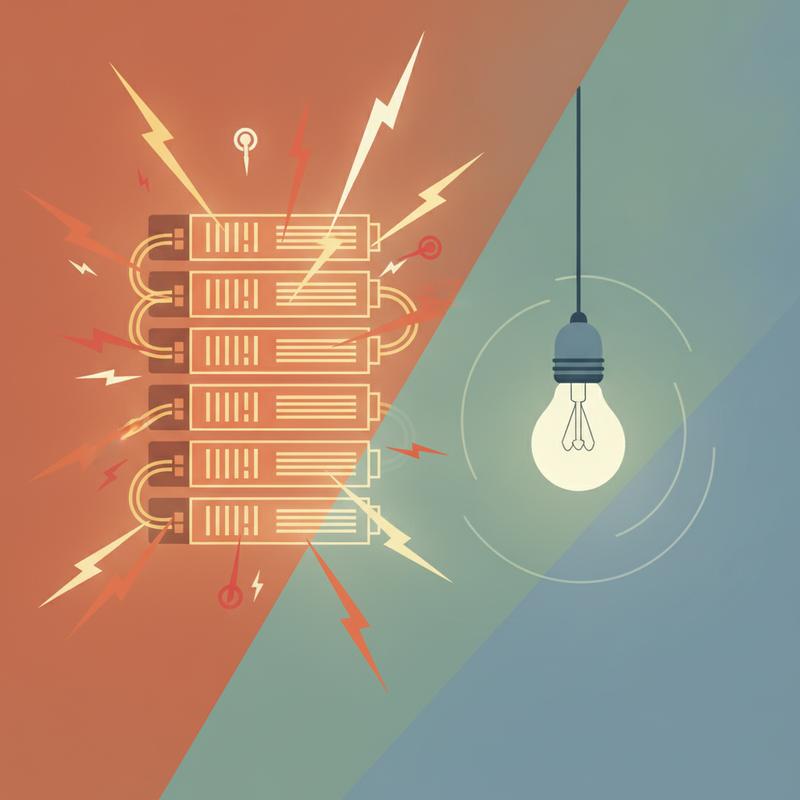 A split illustration of an overheated data server rack next to a small, efficient glowing lightbulb