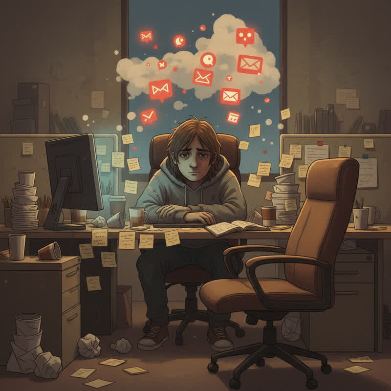 A software engineer sits alone at their desk in a dimly lit office while an empty chair waits where a 1:1 meeting should be happening