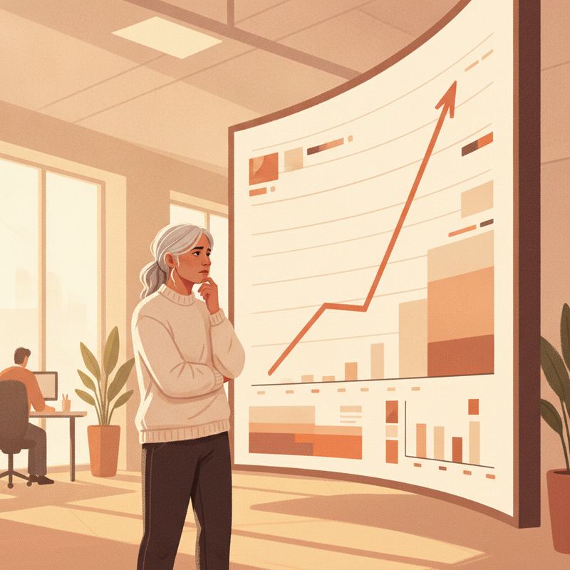 A senior software engineer looking thoughtfully at a wall display showing a benchmark leaderboard with a dramatic upward trend