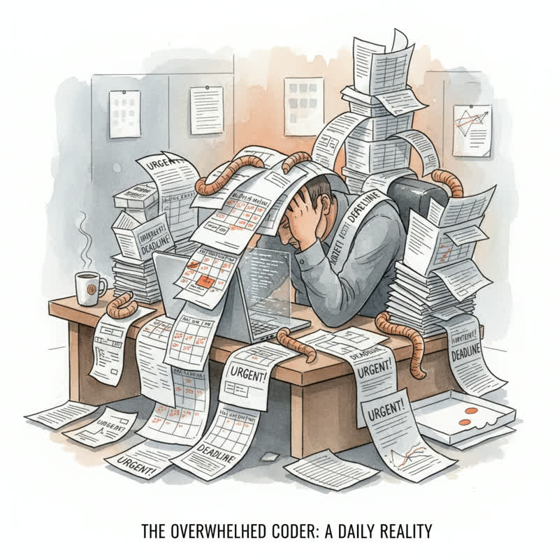 A former engineer drowning in back-to-back meetings, laptop closed, looking overwhelmed