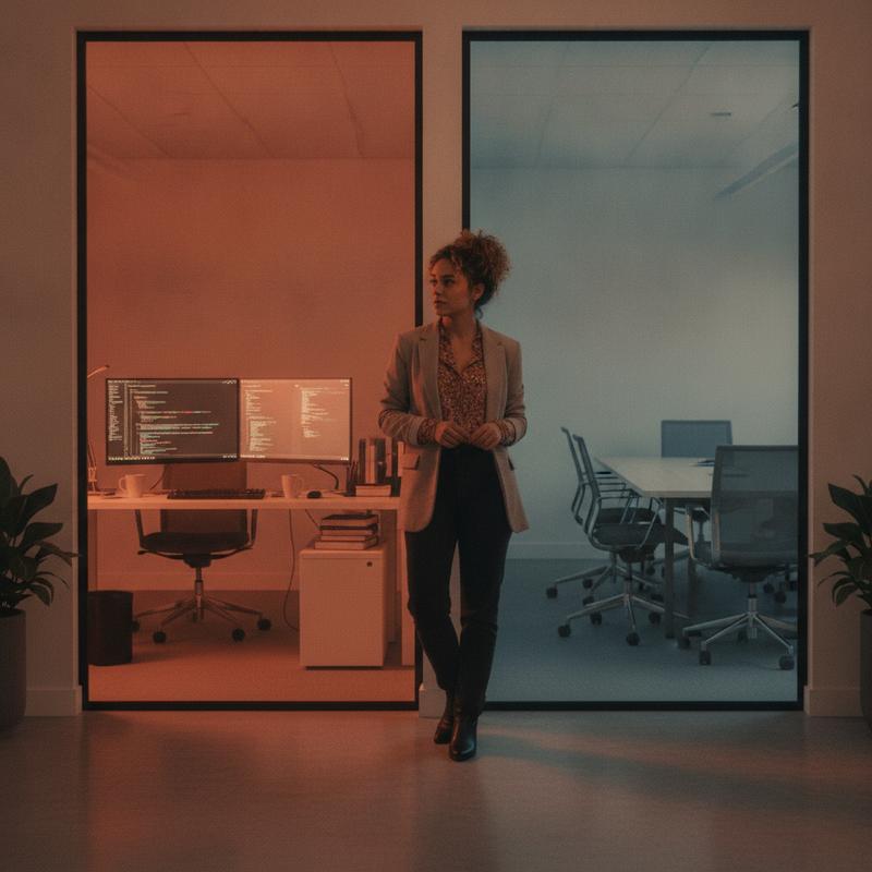 A software engineer standing at a fork in an office hallway, one path leading to a glowing laptop, the other to an empty meeting room