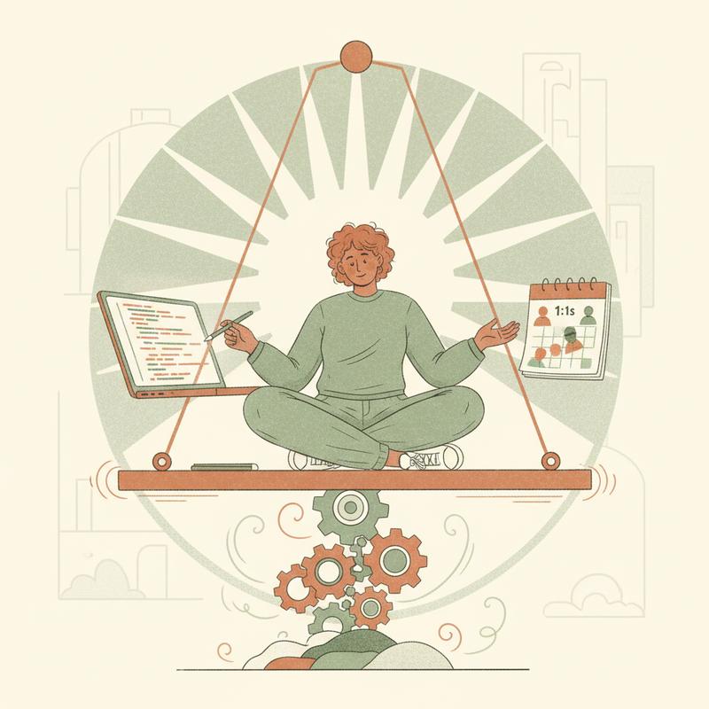 A software engineering manager swinging gently on a pendulum arcing between a laptop showing code and a calendar of one-to-one meetings