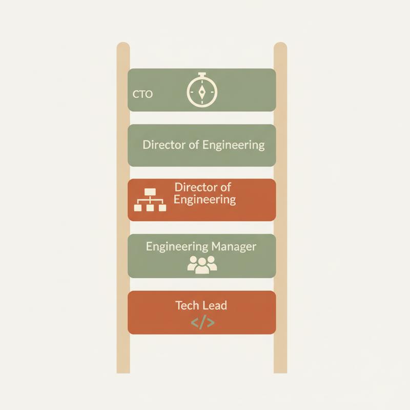 Illustration of a career ladder for software engineers showing tech lead, engineering manager, director, and CTO stages