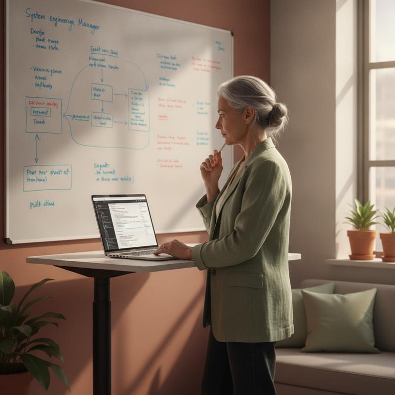 A senior engineering manager looking thoughtfully at a code review on a laptop in front of a whiteboard covered in system architecture diagrams
