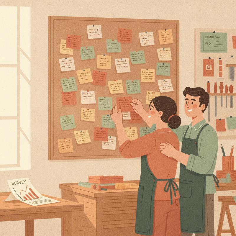 Two coworkers pin a handwritten thank-you note to a busy recognition board while a survey chart sits ignored on a nearby desk