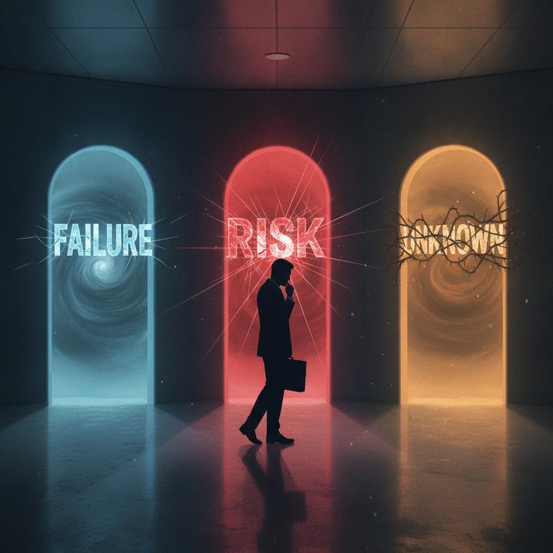 An executive stands at a crossroads in a dark hallway, three glowing doors ahead representing adoption barriers